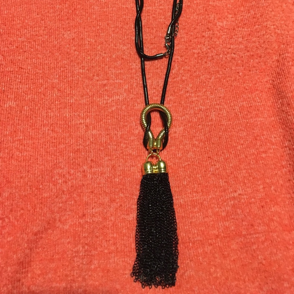 NIB Long Black & Gold Metal Tassel Necklace